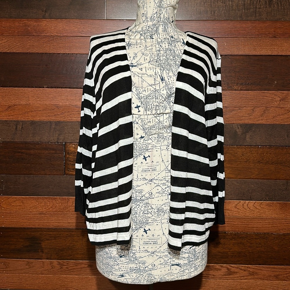 Worthington Open Front 3/4 Sleeve Black and White Striped Cardigan Sweater - Picture 1 of 10